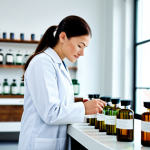A professional perfumer, fully clothed in a modest lab coat, meticulously examining elegant glass bottles and raw natural ingredients like cedarwood, fresh bergamot, and delicate tea leaves on a pristine, well-lit laboratory counter. The background features blurred, modern architectural elements. The scene emphasizes the art of fragrance creation, safe for work, appropriate content, fully clothed, professional dress, modest clothing, perfect anatomy, correct proportions, natural pose, well-formed hands, proper finger count, natural body proportions, high-resolution, sharp focus, professional photography, cinematic lighting.