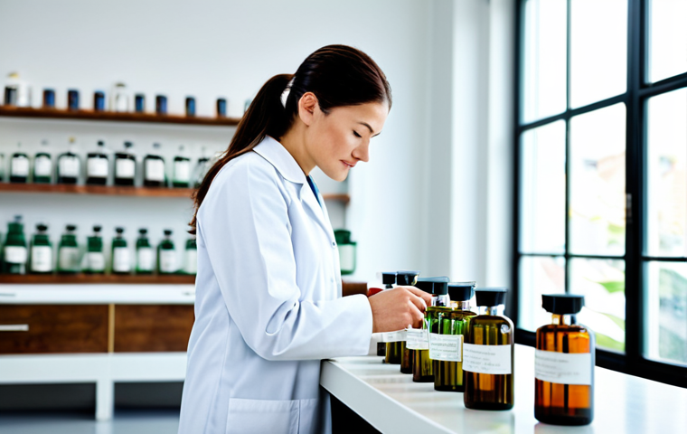 A professional perfumer, fully clothed in a modest lab coat, meticulously examining elegant glass bottles and raw natural ingredients like cedarwood, fresh bergamot, and delicate tea leaves on a pristine, well-lit laboratory counter. The background features blurred, modern architectural elements. The scene emphasizes the art of fragrance creation, safe for work, appropriate content, fully clothed, professional dress, modest clothing, perfect anatomy, correct proportions, natural pose, well-formed hands, proper finger count, natural body proportions, high-resolution, sharp focus, professional photography, cinematic lighting.